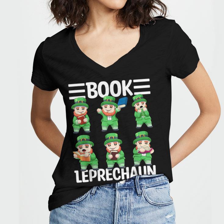Book Leprechaun St Patrick's Day Library Librarian Reading Women's Jersey Short Sleeve Deep V-Neck Tshirt