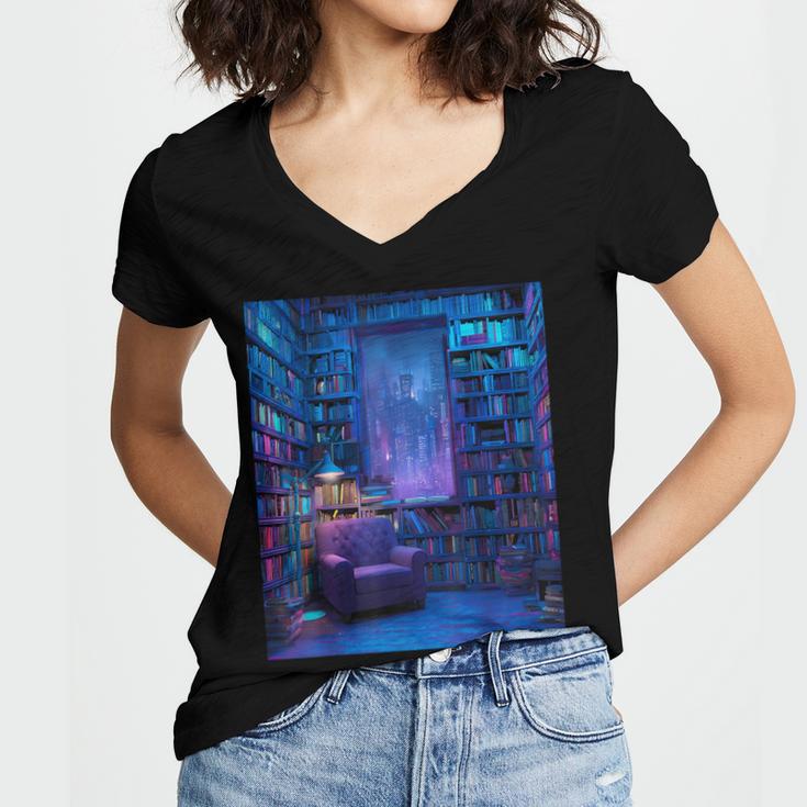 Book Library Bookshelf Armchair Window Pattern Print Women's Jersey Short Sleeve Deep V-Neck Tshirt