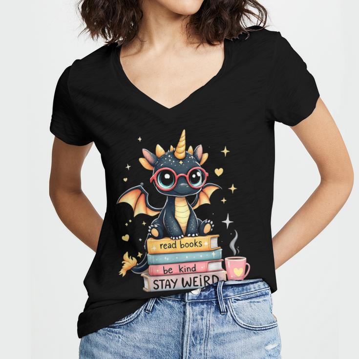 Book Lover Chibi Dragon With Big Red Glasses Bookworm Women's Jersey Short Sleeve Deep V-Neck Tshirt