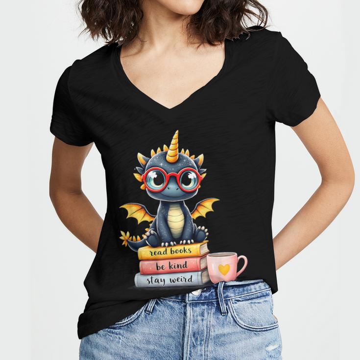 Book Lover Cute Baby Dragon Reading Women's Jersey Short Sleeve Deep V-Neck Tshirt