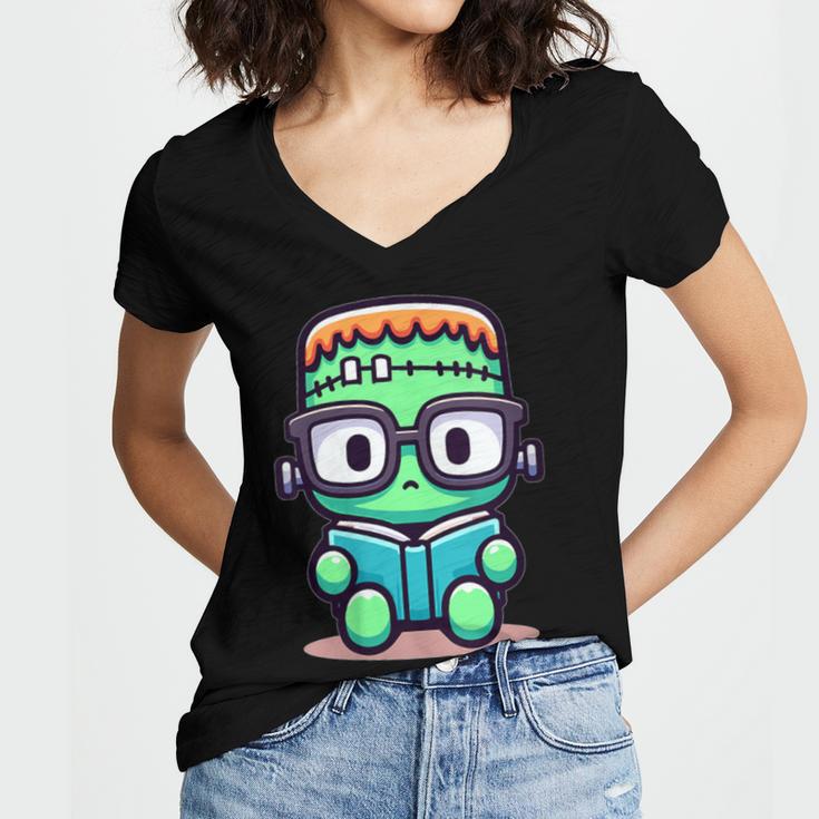 Book Lover Frankenstein's Monster With Reading Glasses Women's Jersey Short Sleeve Deep V-Neck Tshirt