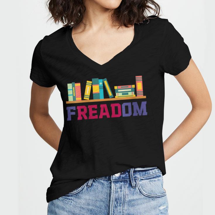Book Lover Freedom Librarian Vintage Retro Reading Present Women's Jersey Short Sleeve Deep V-Neck Tshirt