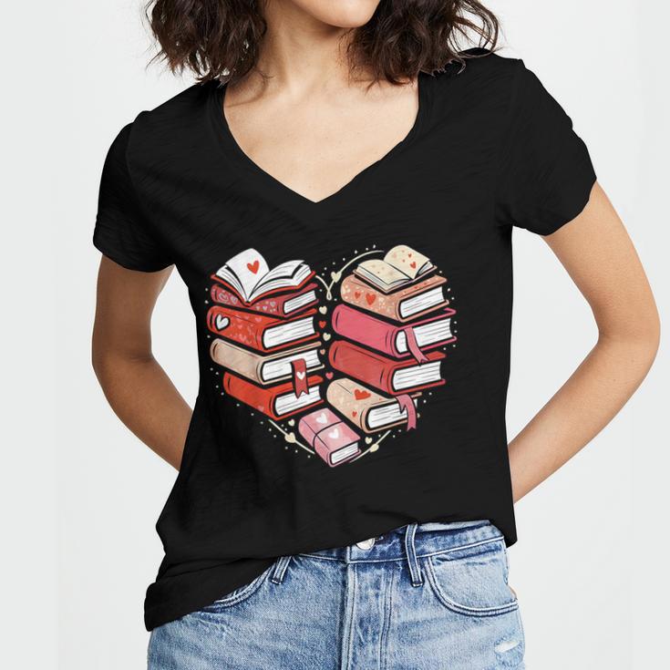 Book Lover Heart Shape Reading Librarian Valentine Men Women Women's Jersey Short Sleeve Deep V-Neck Tshirt