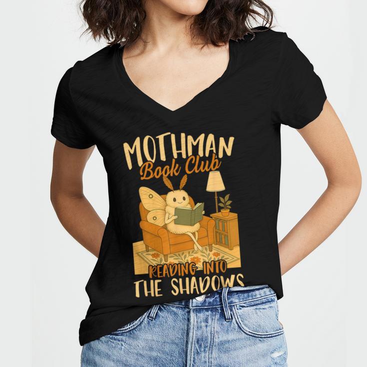 Book Lover Moth Mothman Book Club Reading Into Shadows Women's Jersey Short Sleeve Deep V-Neck Tshirt Book Lover Moth Mothman Book Club Reading Into Shadows Women's Jersey Short Sleeve Deep V-Neck Tshirt