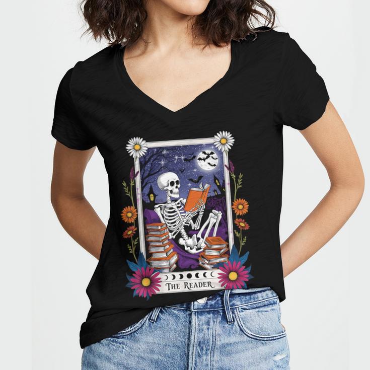 Book Lover Tarot Card The Reader Mystic Skeleton Women's Jersey Short Sleeve Deep V-Neck Tshirt