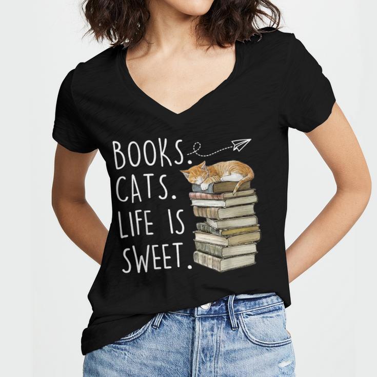 Book Lovers Books Cats Life Is Sweet Cat Lover Women's Jersey Short Sleeve Deep V-Neck Tshirt