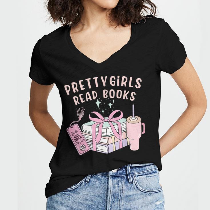 Book Lover's Pretty Girl's Read Books Women's Jersey Short Sleeve Deep V-Neck Tshirt