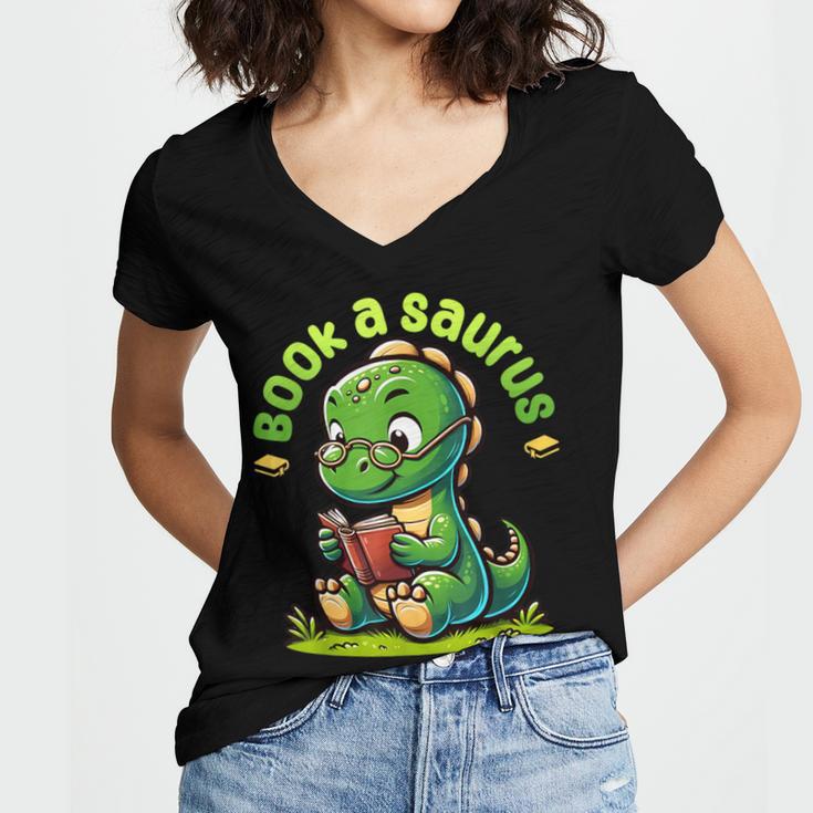 Book A Saurus Bookasaurus Dinosaur Book Girls Boys Toddler Women's Jersey Short Sleeve Deep V-Neck Tshirt