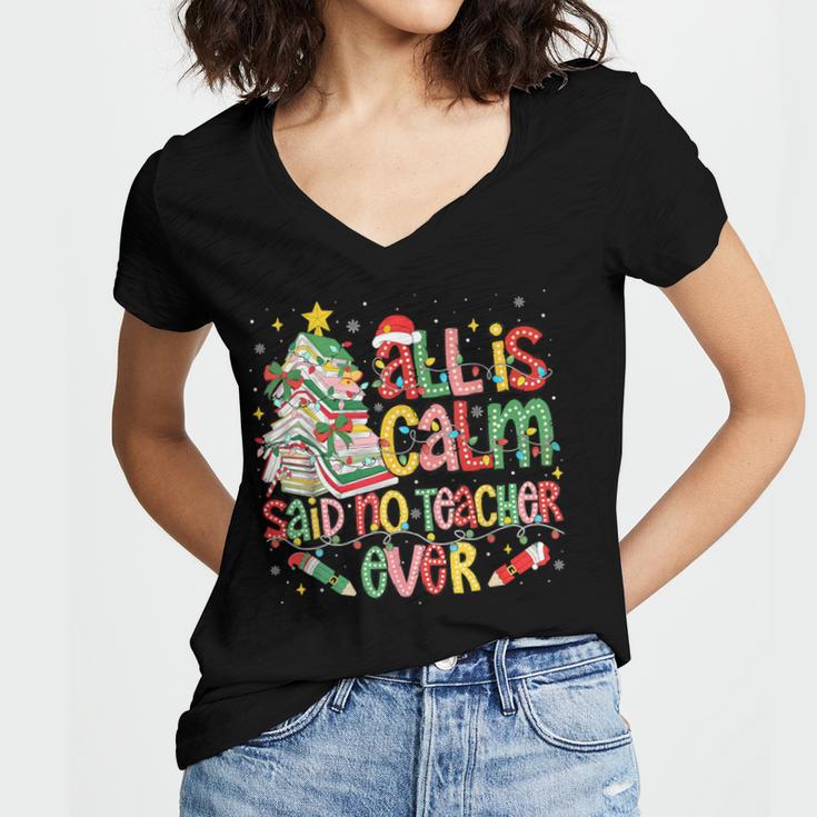 Book Tree All Is Calm Said No Teacher Ever Christmas Women's Jersey Short Sleeve Deep V-Neck Tshirt