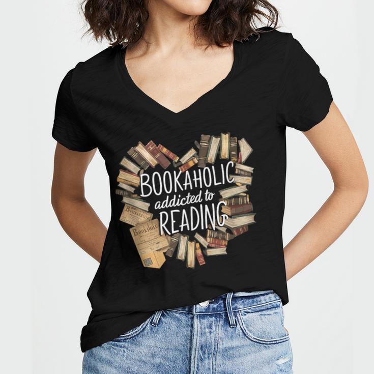 Bookaholic Addicted To Reading Book Lovers Literacy Women's Jersey Short Sleeve Deep V-Neck Tshirt