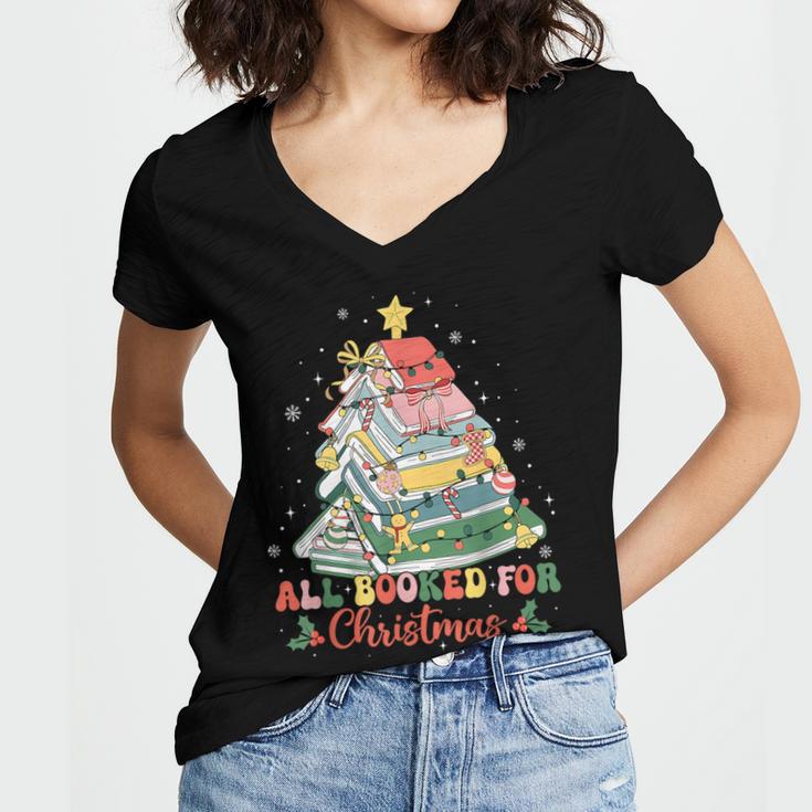 All Booked For Christmas Book Lovers Xmas Tree Lights Women's Jersey Short Sleeve Deep V-Neck Tshirt
