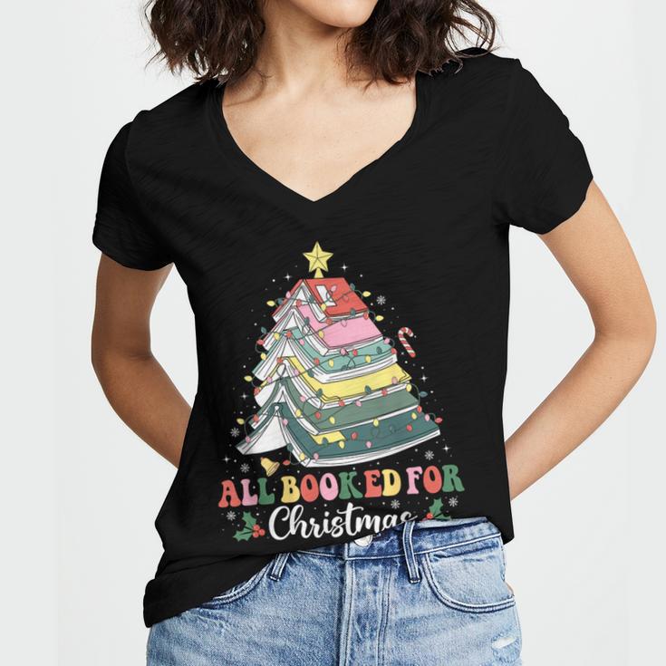 All Booked For Christmas Book Tree Lights Christmas Library Women's Jersey Short Sleeve Deep V-Neck Tshirt
