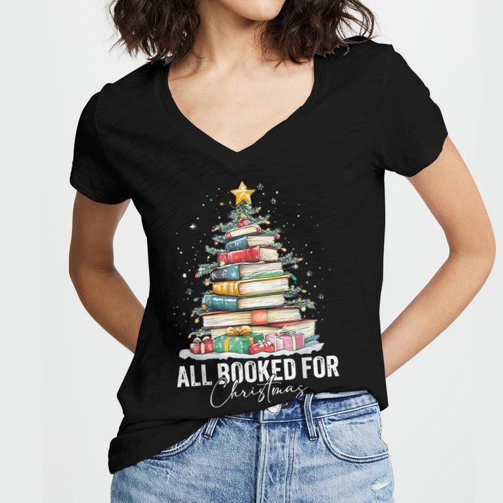 All Booked For Christmas Coquette Books Teacher Xmas Tree Women's Jersey Short Sleeve Deep V-Neck Tshirt