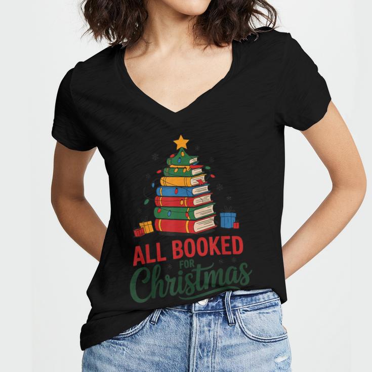All Booked For Christmas Librarian Reader Xmas Pajama Women's Jersey Short Sleeve Deep V-Neck Tshirt