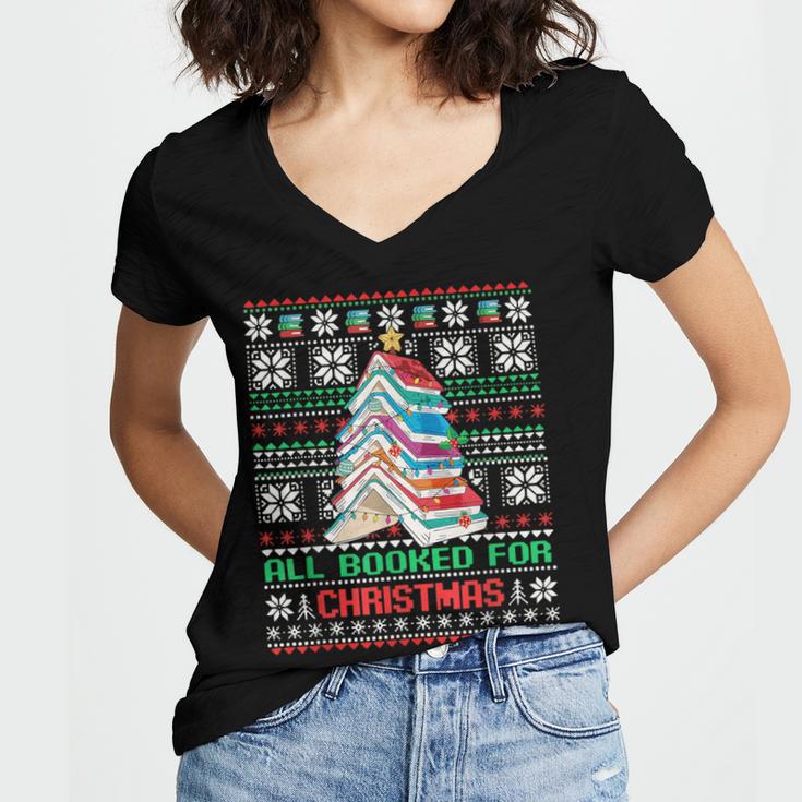 All Booked For Christmas Tree Book Ugly Christmas Sweatshirt Women's Jersey Short Sleeve Deep V-Neck Tshirt