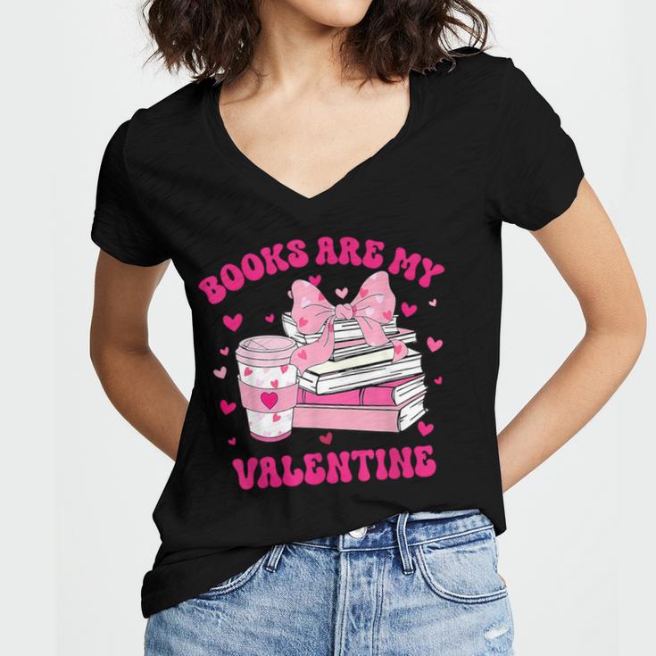 All Booked For Valentines Book Reading Coquette Bow Women's Jersey Short Sleeve Deep V-Neck Tshirt All Booked For Valentines Book Reading Coquette Bow Women's Jersey Short Sleeve Deep V-Neck Tshirt