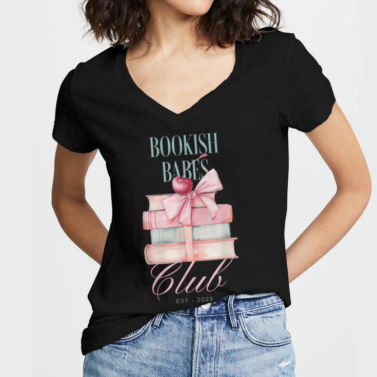 Bookish Babes Club Cute Pink Book Stack With Bow Women's Jersey Short Sleeve Deep V-Neck Tshirt