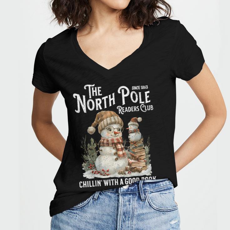 Bookish Christmas North Pole Book Club Snowman Book Worm Women's Jersey Short Sleeve Deep V-Neck Tshirt