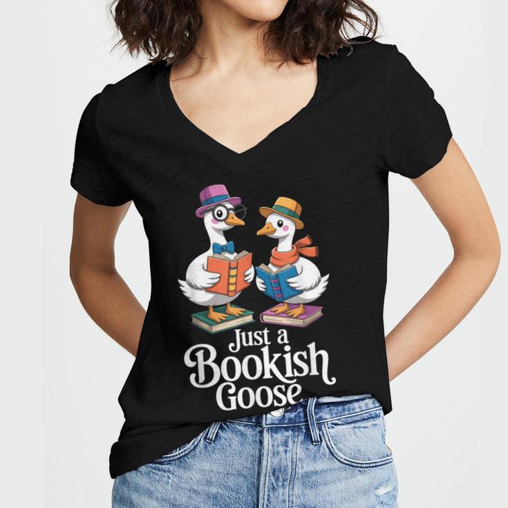 Bookish Goose Cute Geese With Hats Reading Books Women's Jersey Short Sleeve Deep V-Neck Tshirt