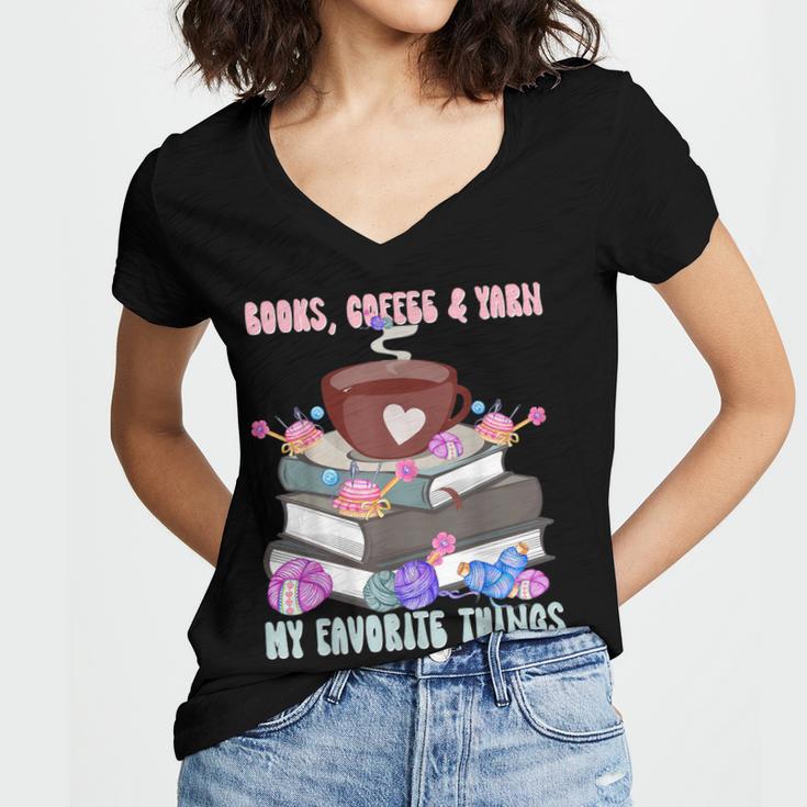 Books Coffee Yarn Lover My Favorite Things Women's Jersey Short Sleeve Deep V-Neck Tshirt