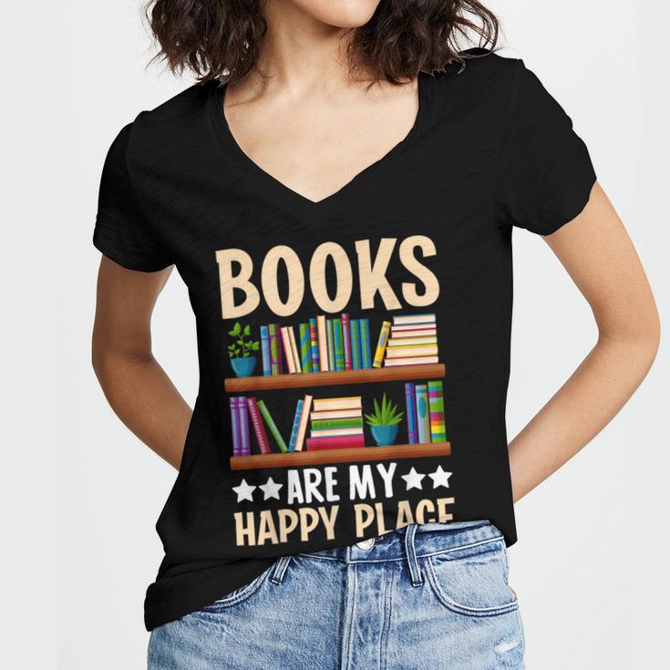 Books Are My Happy Place Women's Jersey Short Sleeve Deep V-Neck Tshirt Books Are My Happy Place Women's Jersey Short Sleeve Deep V-Neck Tshirt