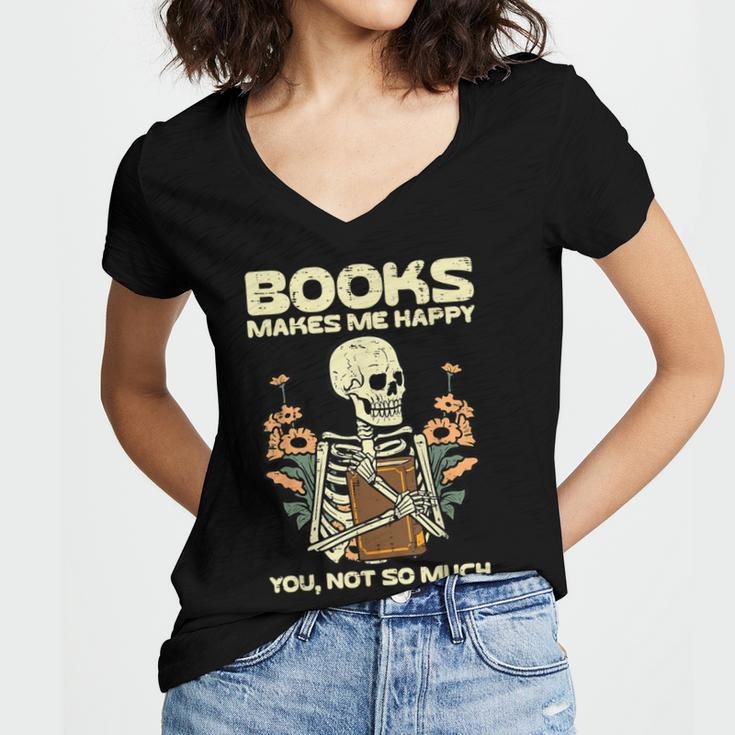 Books Make Me Happy Skeleton Read Reading Librarian Book Women's Jersey Short Sleeve Deep V-Neck Tshirt