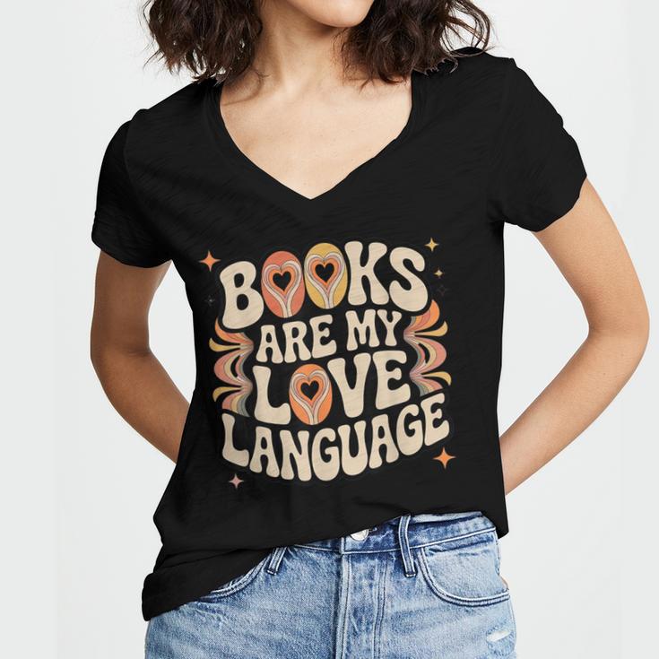 Books Are My Love Language Retro Groovy 70s Book Lover Women's Jersey Short Sleeve Deep V-Neck Tshirt