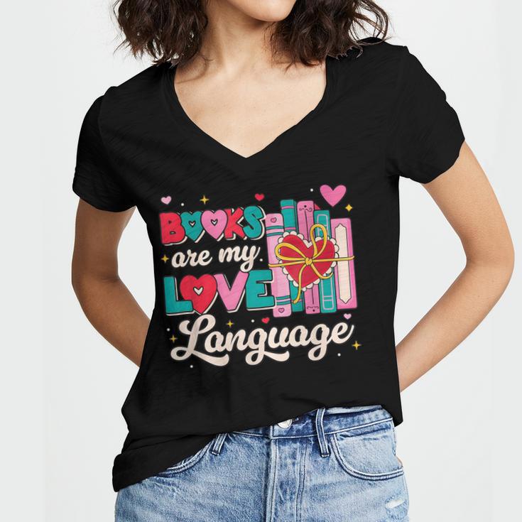 Books Are My Love Language Women's Jersey Short Sleeve Deep V-Neck Tshirt