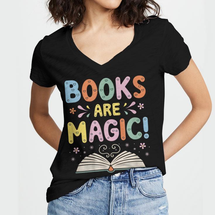 Books Are Magic Whimsical Retro Bookworm Women's Jersey Short Sleeve Deep V-Neck Tshirt