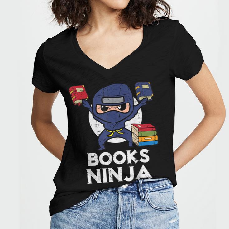 Books Ninja Read Reading Librarian Book Toddler Boys Kids Women's Jersey Short Sleeve Deep V-Neck Tshirt