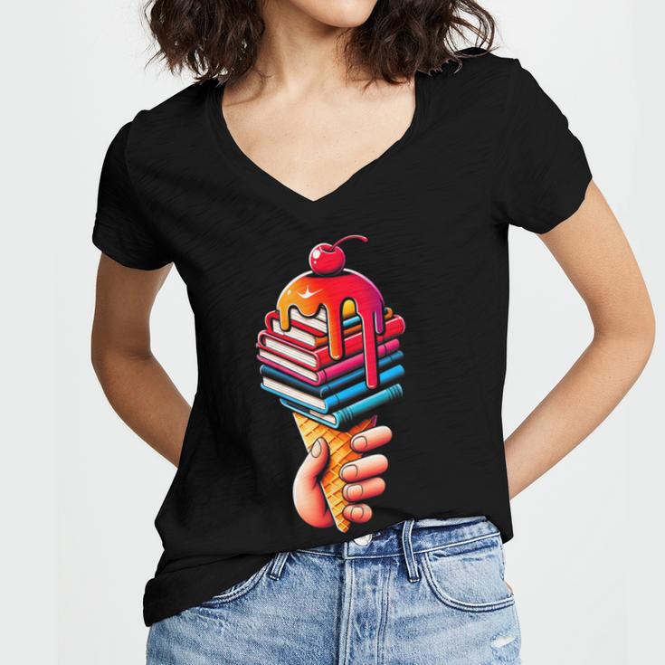 Books Reading Ice Cream Women's Jersey Short Sleeve Deep V-Neck Tshirt