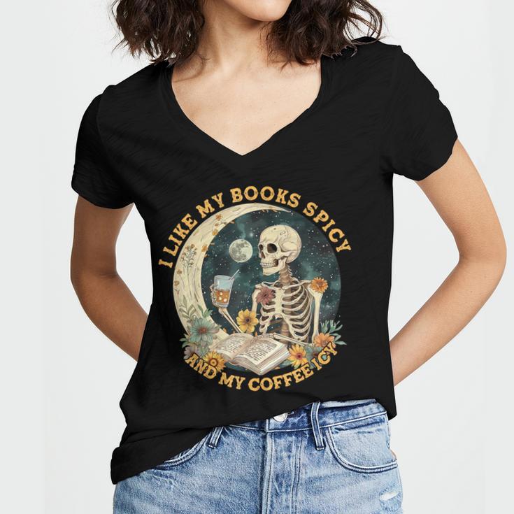 I Like My Books Spicy & My Coffee Icy Skeleton Read Book Women's Jersey Short Sleeve Deep V-Neck Tshirt