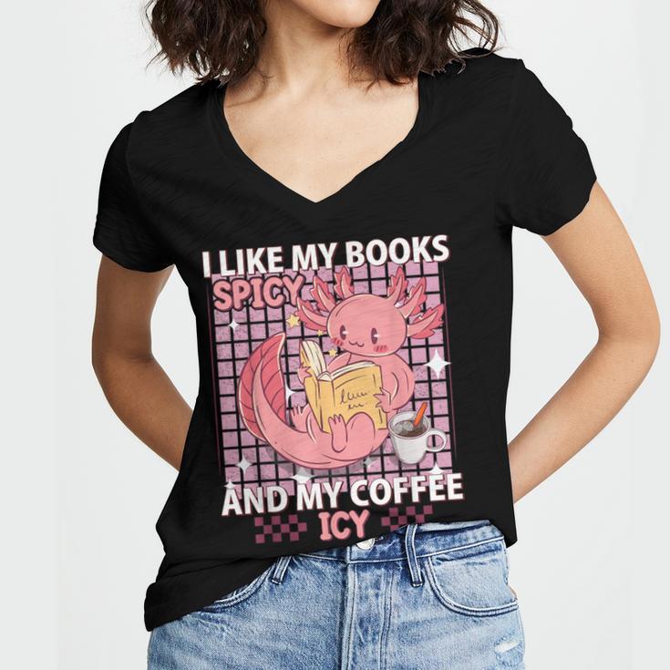 I Like My Books Spicy And My Coffee Icy Librarian Women's Jersey Short Sleeve Deep V-Neck Tshirt
