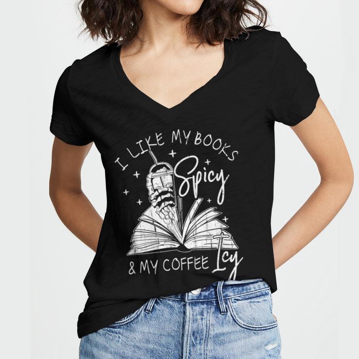 I Like My Books Spicy And My Coffee ICY Women's Jersey Short Sleeve Deep V-Neck Tshirt I Like My Books Spicy And My Coffee ICY Women's Jersey Short Sleeve Deep V-Neck Tshirt