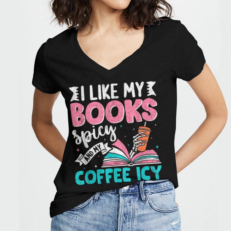 I Like My Books Spicy Coffee ICY Women's Jersey Short Sleeve Deep V-Neck Tshirt