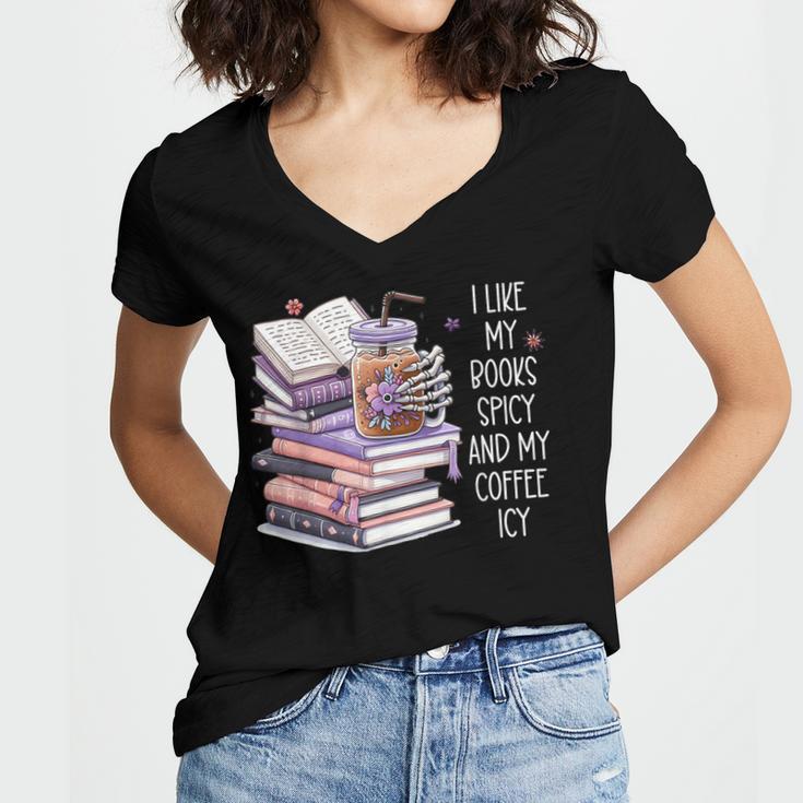 I Like My Books Spicy ShirtI Like Books Spicy & Coffee ICY Women's Jersey Short Sleeve Deep V-Neck Tshirt
