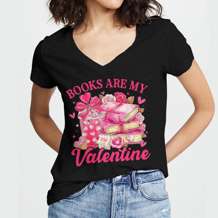 Books Are My Valentine Book Lover Heart Matching Party Women's Jersey Short Sleeve Deep V-Neck Tshirt