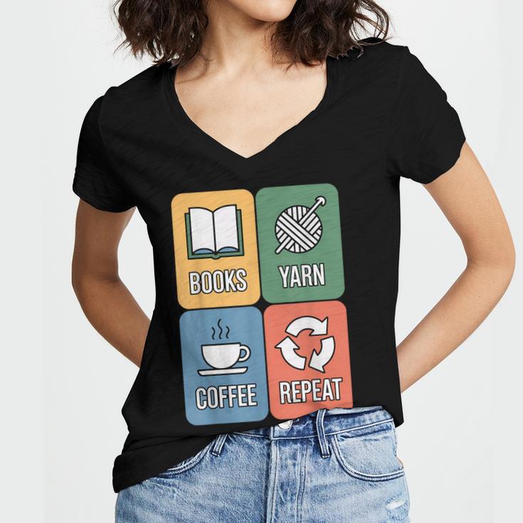 Books Yarn Coffee Repeat Crocheting Women's Jersey Short Sleeve Deep V-Neck Tshirt