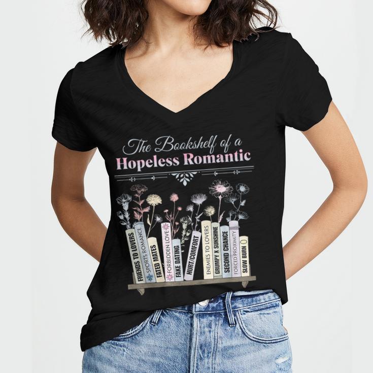 The Bookshelf Of a Hopeless Romantic Rom-Com Reading Bookish Women's Jersey Short Sleeve Deep V-Neck Tshirt The Bookshelf Of a Hopeless Romantic Rom-Com Reading Bookish Women's Jersey Short Sleeve Deep V-Neck Tshirt