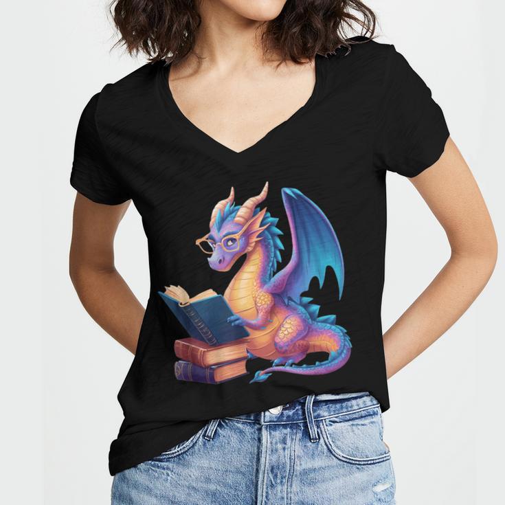 Bookworm Book Lover Women Girls Dragon Reading Women's Jersey Short Sleeve Deep V-Neck Tshirt Bookworm Book Lover Women Girls Dragon Reading Women's Jersey Short Sleeve Deep V-Neck Tshirt