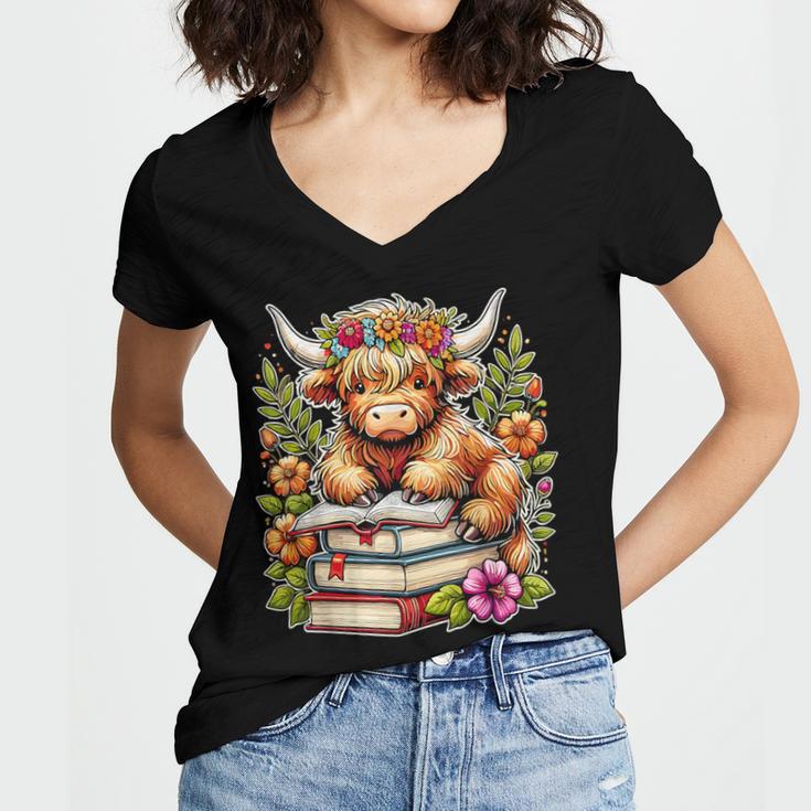 Bookworm Cute Highland Cow Reading Book Women's Jersey Short Sleeve Deep V-Neck Tshirt