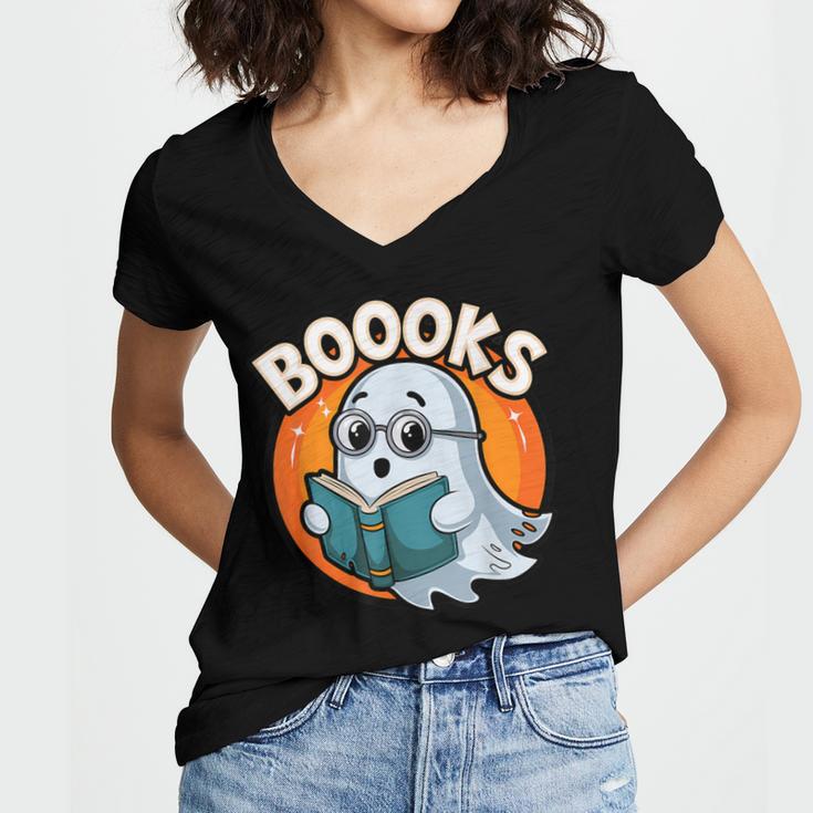 BOOOKS Cute Ghost Reading Books Halloween Women's Jersey Short Sleeve Deep V-Neck Tshirt