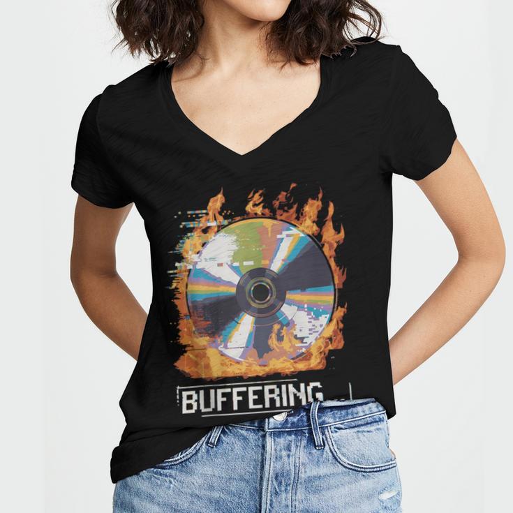 Buffering Glitched CD On Fire 2000s Nostalgia Women's Jersey Short Sleeve Deep V-Neck Tshirt