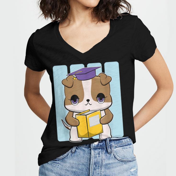 Bulldog Anime Pup Graduation Women's Jersey Short Sleeve Deep V-Neck Tshirt
