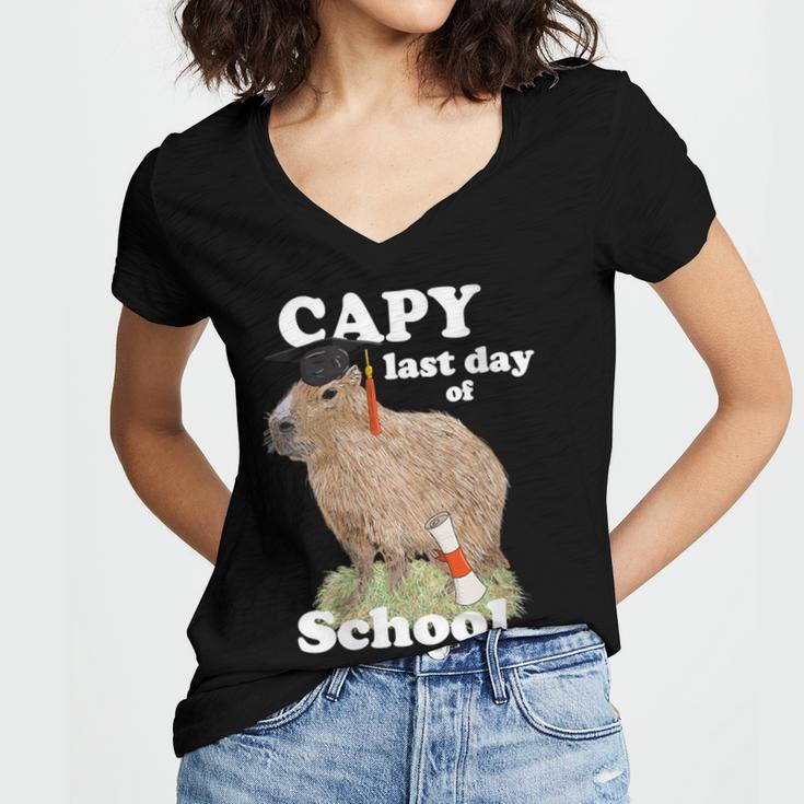 Capy Last Day Of School Capybara Graduation Quote Women's Jersey Short Sleeve Deep V-Neck Tshirt