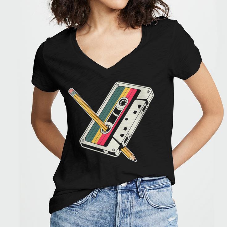Cassette 90s Costume Party Nostalgia Women's Jersey Short Sleeve Deep V-Neck Tshirt