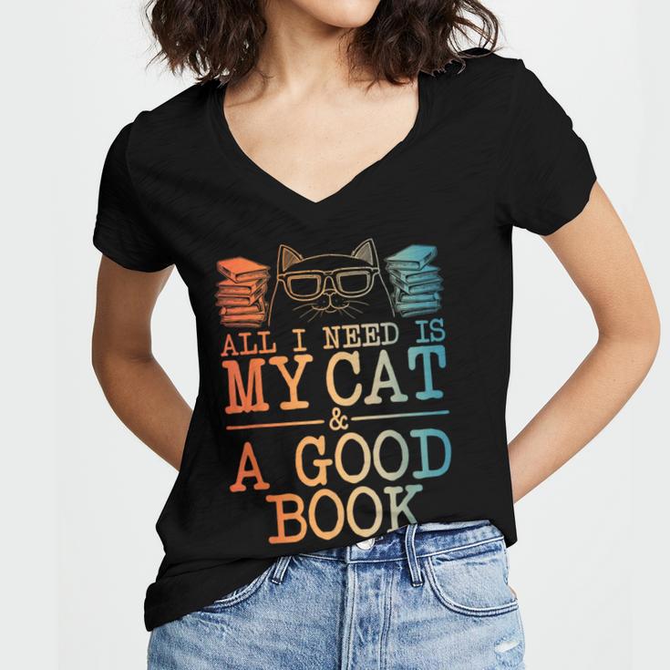 Cat & Book Art For Men Women Cat Librarian Novel Book Lover Women's Jersey Short Sleeve Deep V-Neck Tshirt