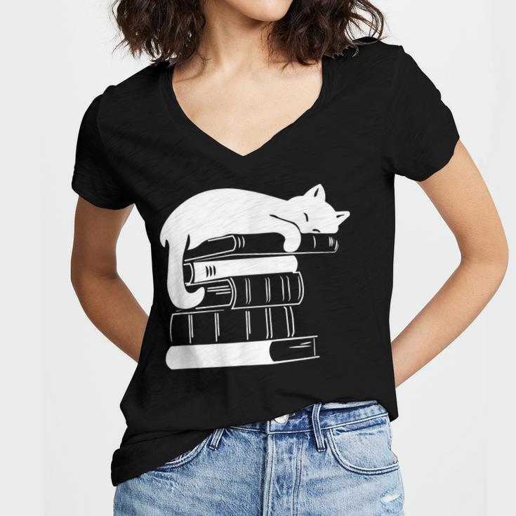 Cat Book Books And Cats Cat Lover Cat Mom Book Lovers Women's Jersey Short Sleeve Deep V-Neck Tshirt