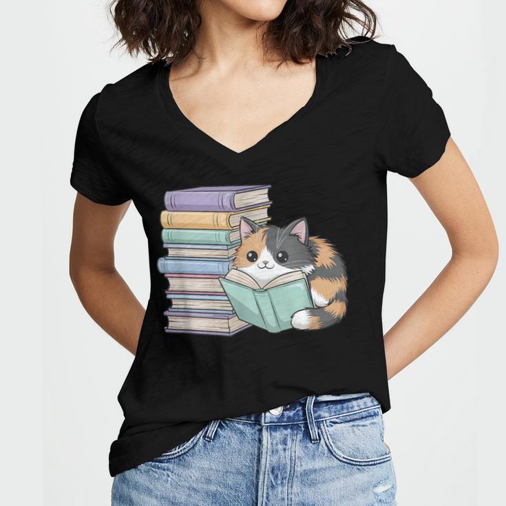 Cat On Books Pets Cats Reading Book Nerd Read Reader Bookcat Women's Jersey Short Sleeve Deep V-Neck Tshirt