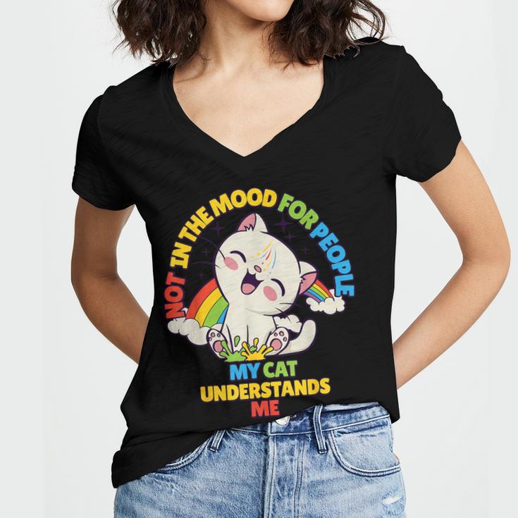 Cat Mom Loves Cats Dad Not In The Mood For People Introvert Women's Jersey Short Sleeve Deep V-Neck Tshirt